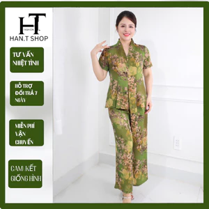 Set Đồ bộ trung niên cách điệu cho mẹ, áo có cổ, quần ống rộng, quần giả váy, chất lụa nhập HAN.T Shop Ms30