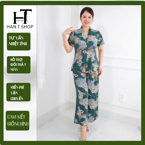 Ms30 Set Đồ bộ trung niên cách điệu cho mẹ, áo có cổ, quần ống rộng, quần giả váy, chất lụa nhập HAN.T Shop