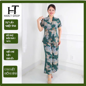 Ms30 Set Đồ bộ trung niên cách điệu cho mẹ, áo có cổ, quần ống rộng, quần giả váy, chất lụa nhập HAN.T Shop