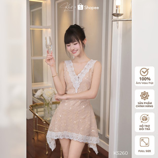 Đầm ngắn Khiết Style ren kim sa màu nude cổ V phối ren trắng phong cách dự tiệc sang chảnh KS260