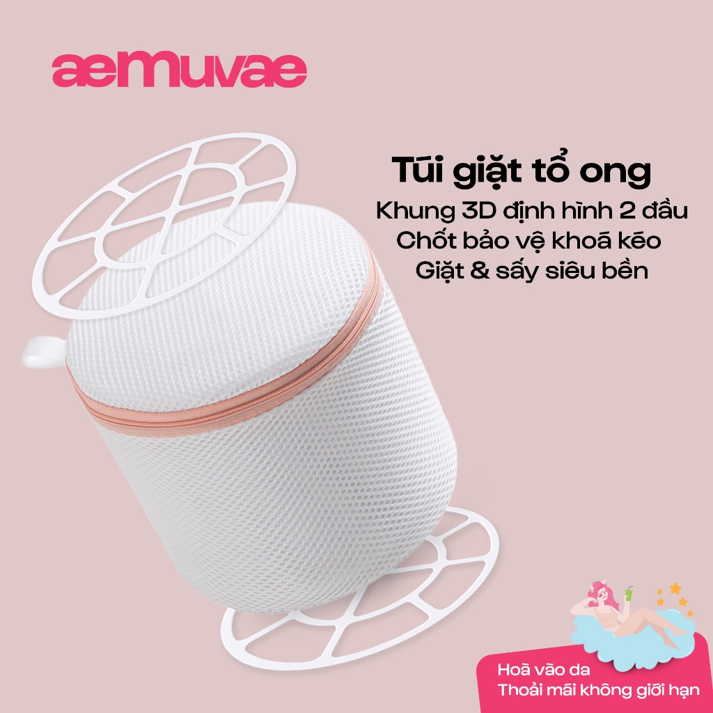 Túi giặt đồ lót khung 3D định hình 2 đầu chống biến dạng, lưới tổ ong siêu bền, có khoá kéo - Muvae