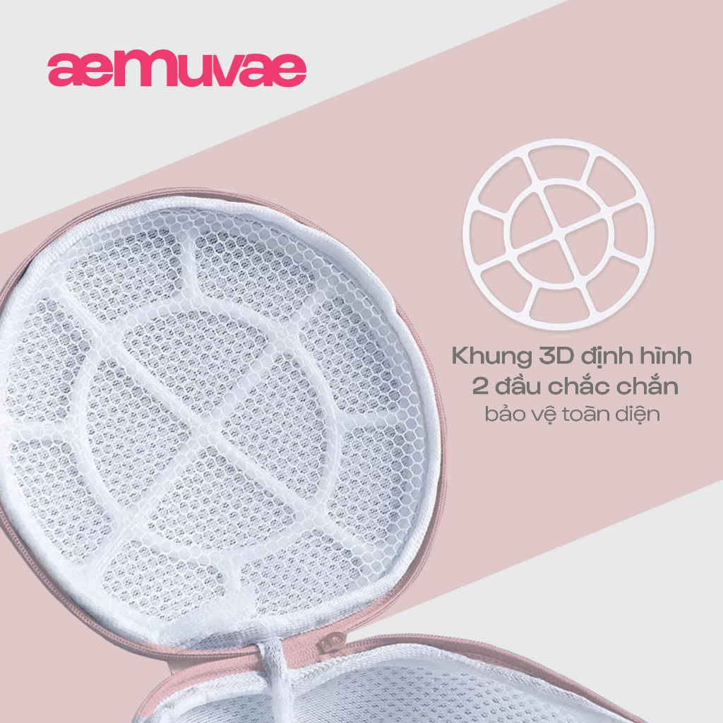 Túi giặt đồ lót khung 3D định hình 2 đầu chống biến dạng, lưới tổ ong siêu bền, có khoá kéo - Muvae