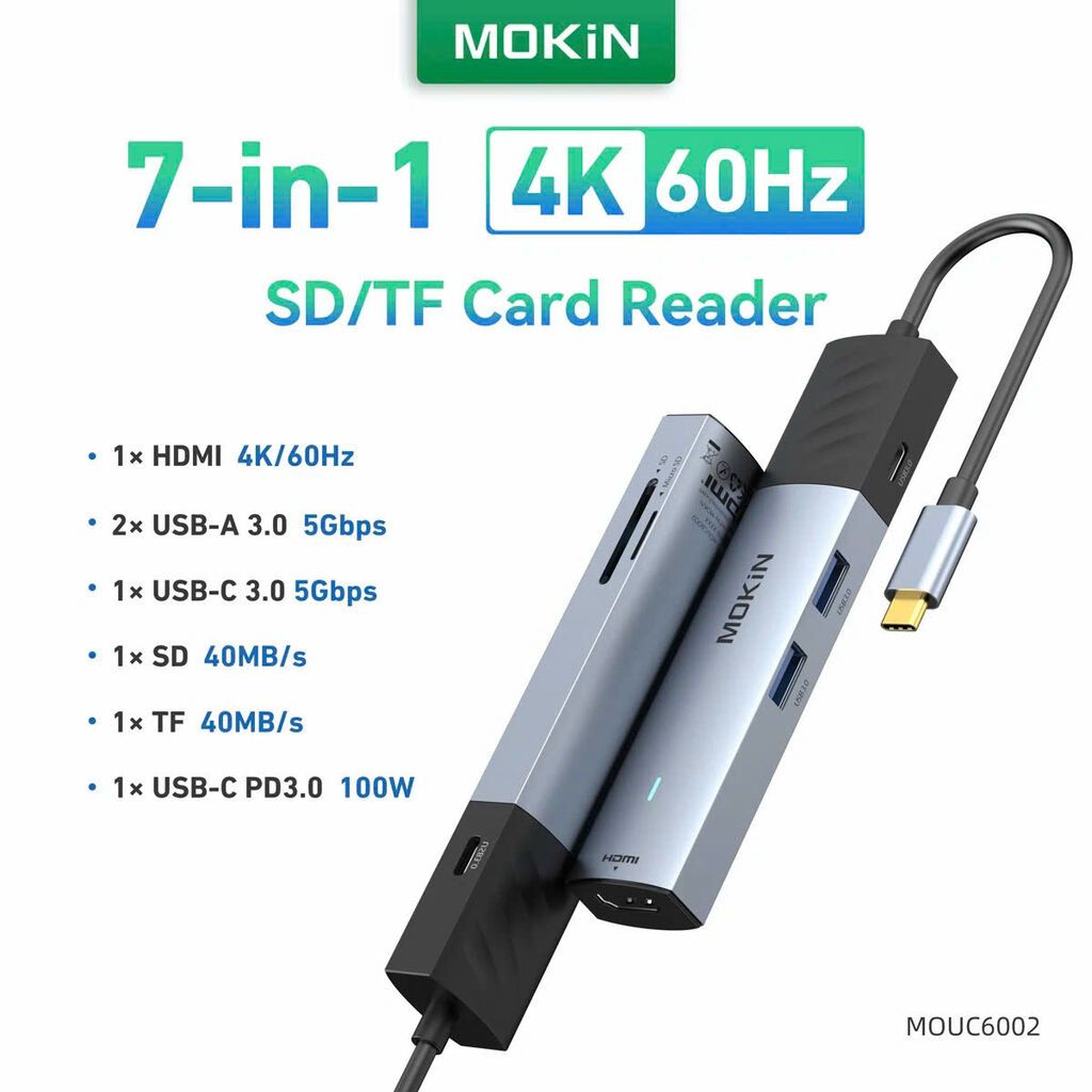 Hub MOKIN 7 in 1 - có cổng đọc thẻ nhớ, HDMI 4k 60Hz