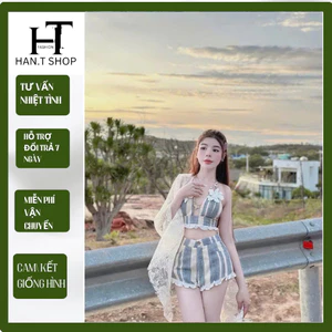 set Bikini đi biển 3 món KAKI SỌC, bra đính hoa,kèm khăn siêu xinh HAN.T Shop