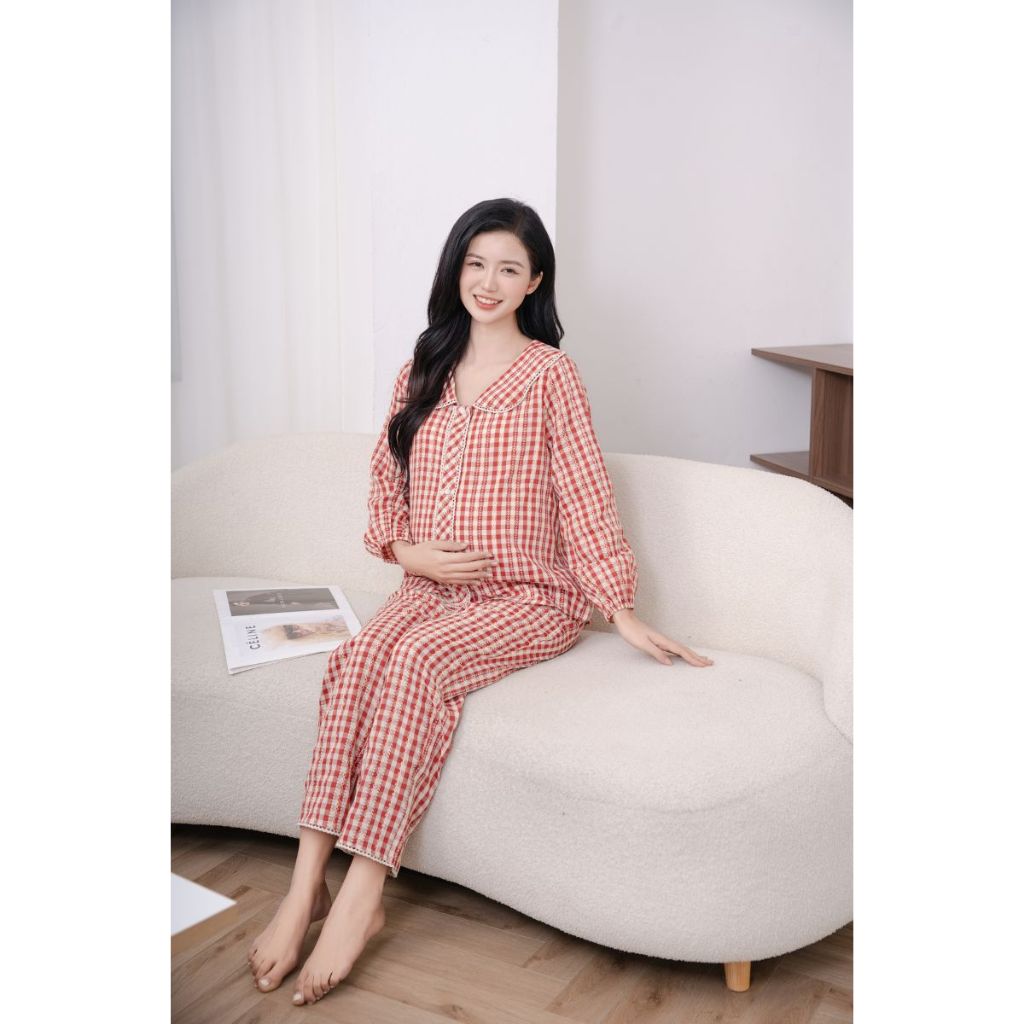 Bộ đồ ngủ mặc nhà Dalia họa tiết kẻ caro trẻ trung, chất liệu đũi mềm mại, kiểu dáng năng động thiêt kế by L'AMME