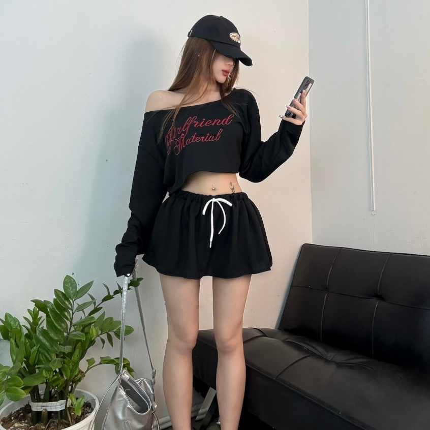 [CÓ TÁCH SET] ÁO LỆCH VAI TAY DÀI FROM CROP WAFFLE THÊU GIRL FRIEND & CHÂN VÁY XÒE BỒNG BỀNH mix