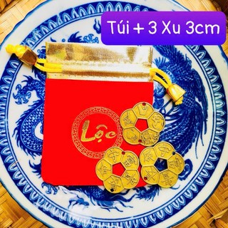 Túi gấm và 3 đồng xu hoa mai mạ vàng 3cm phong thuỷ
