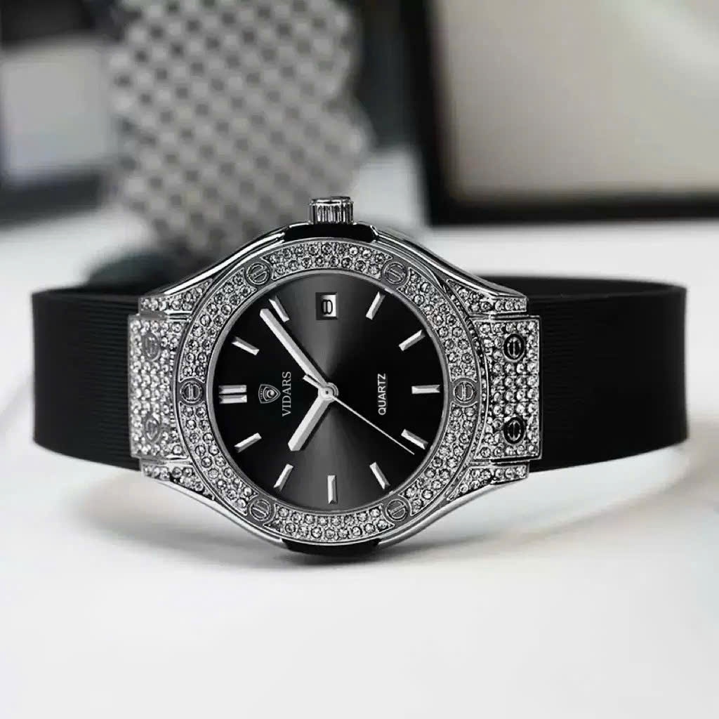 Đồng Hồ Nam VIDARS Viền Đá Khung Đá Dây Silicon Có Bộ Lịch Ngày Chống Nước 3ATM Đeo Tay Watch