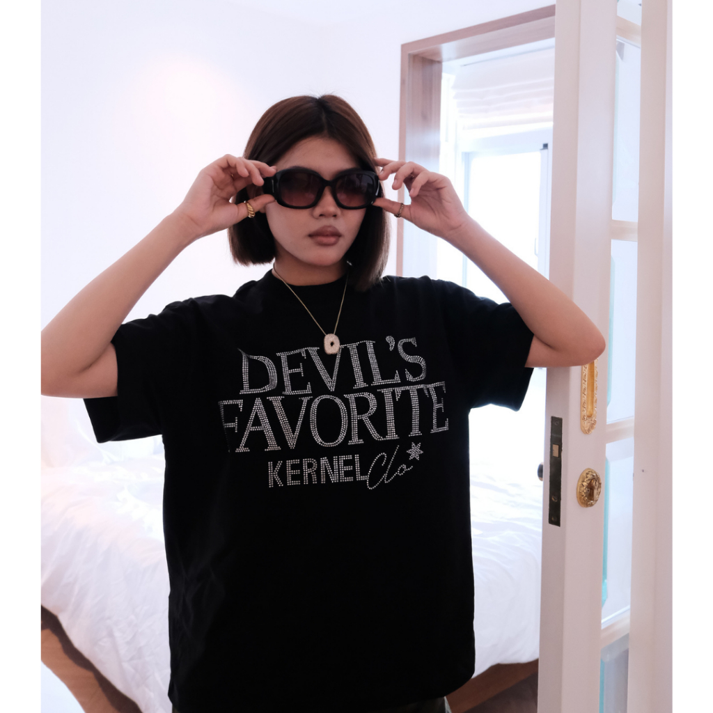 DEVIL'S FAV - ÁO THUN BOXY ĐÍNH ĐÁ KERNEL - BLACK- 250gsm
