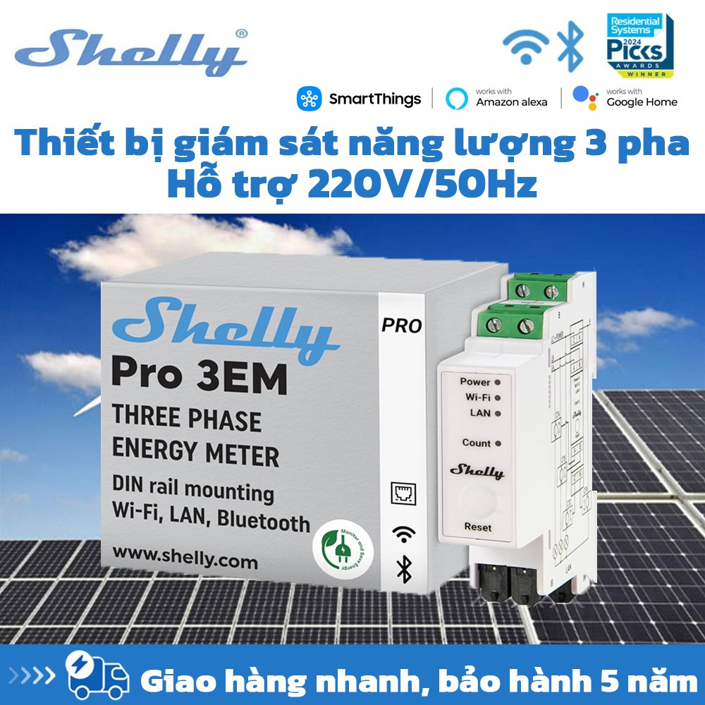 Shelly Pro 3EM 3 pha 220V AC với cảm biến 120A Giám sát độ chính xác cao Tiết kiệm năng lượng lên đến 30%