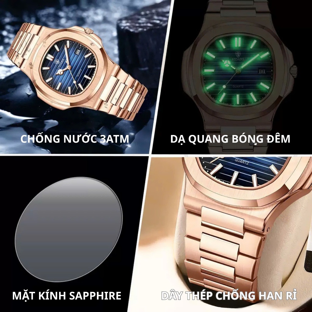 Đồng Hồ Nam VIDARS Tàu Ngầm Dây Thép Bản Nấng Cấp Có Lịch Ngày Mặt Vuông Tròn Bo Góc Chống Nước 3ATM