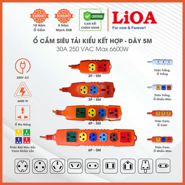 Ổ Cắm Điện Kéo Dài Siêu Tải LiOA - Kiểu Kết Hợp Ổ Cắm Thông Dụng với Ổ Cắm Đa Năng. Dây Dài 5m. Công suất Max 6600W