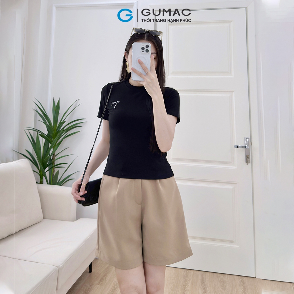Áo Thun Nữ Kiểu Dáng Ôm Slimfit Cổ Tròn Thêu Nơ Chất Thun Gân Sọc Co Giãn Thoáng Mát Thời Trang GUMAC LATF0624