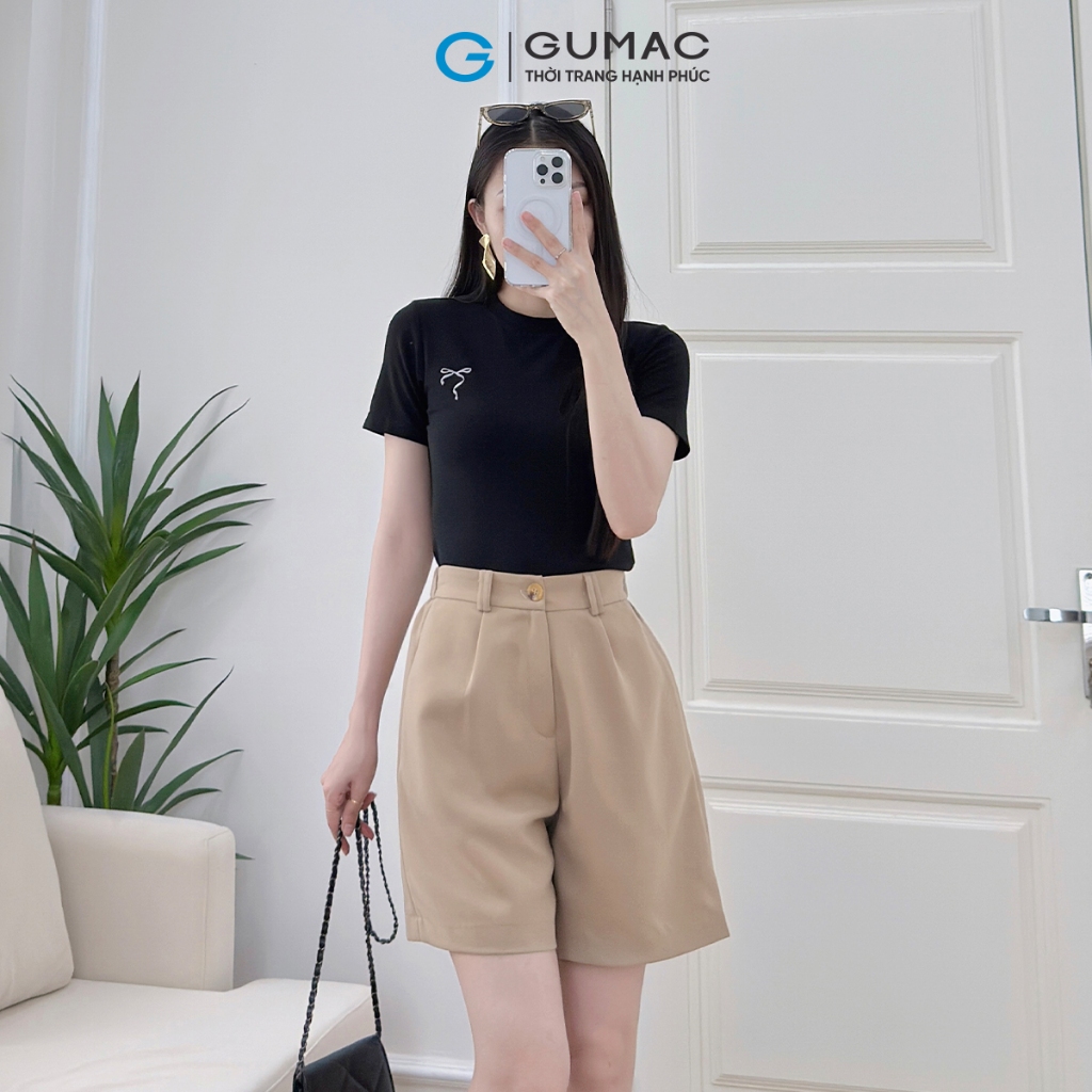 Áo Thun Nữ Kiểu Dáng Ôm Slimfit Cổ Tròn Thêu Nơ Chất Thun Gân Sọc Co Giãn Thoáng Mát Thời Trang GUMAC LATF0624