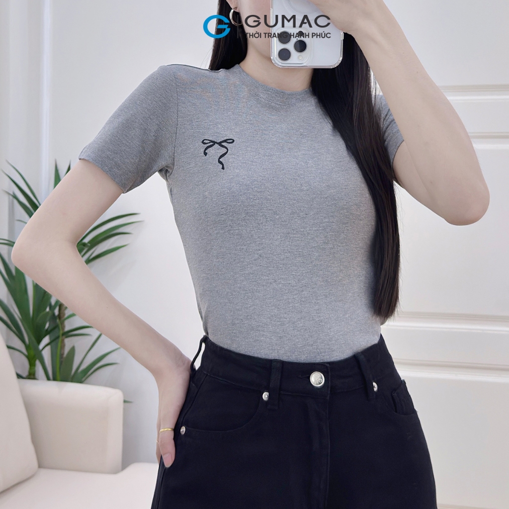 Áo Thun Nữ Kiểu Dáng Ôm Slimfit Cổ Tròn Thêu Nơ Chất Thun Gân Sọc Co Giãn Thoáng Mát Thời Trang GUMAC LATF0624