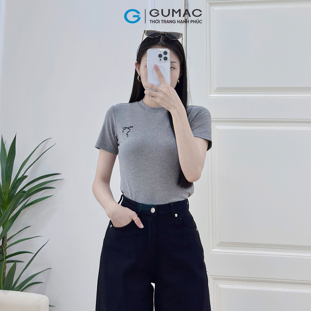 Áo Thun Nữ Kiểu Dáng Ôm Slimfit Cổ Tròn Thêu Nơ Chất Thun Gân Sọc Co Giãn Thoáng Mát Thời Trang GUMAC LATF0624