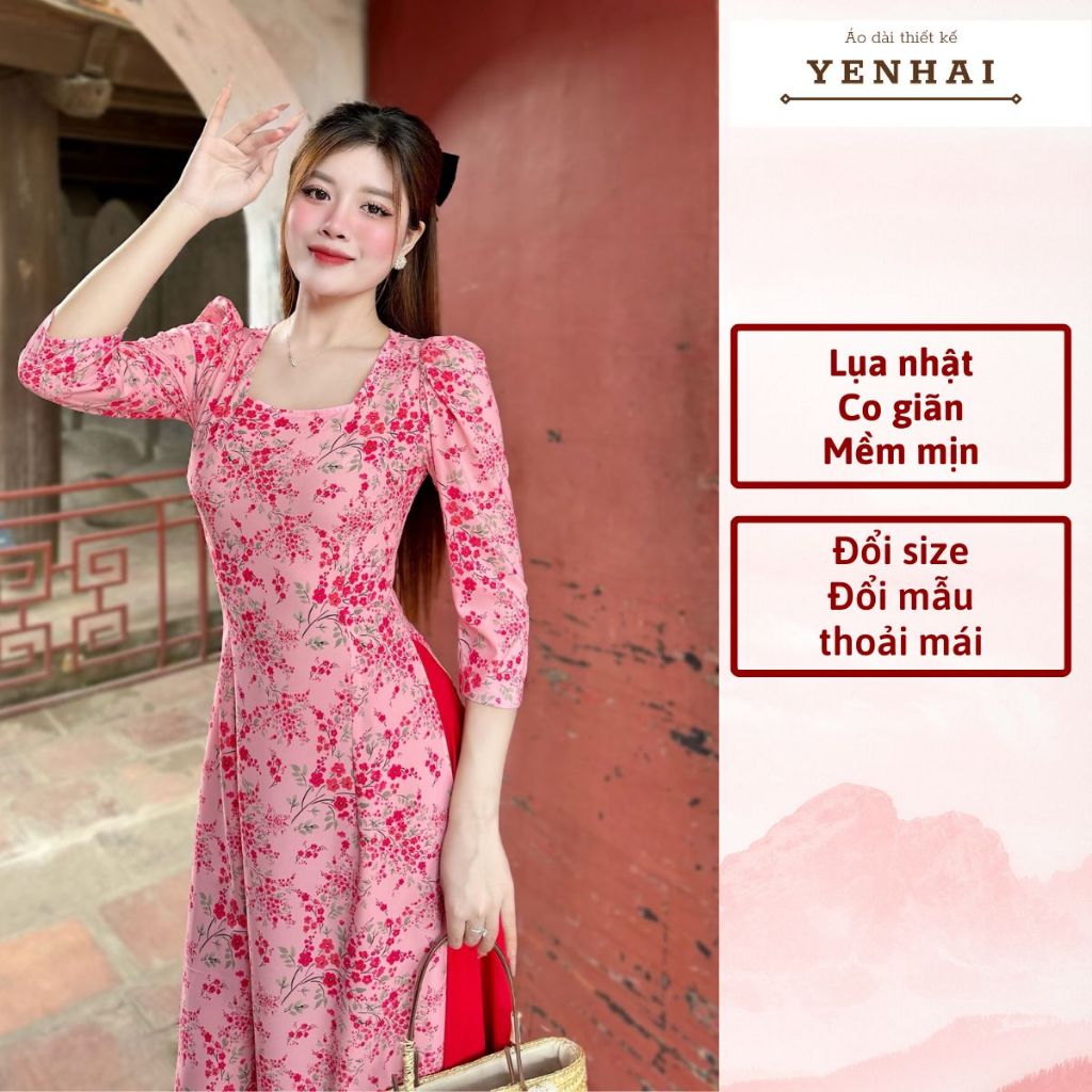 Áo dài thiết kế hoa nhí đỏ chất lụa nhật co giãn cổ vuông vai bồng trẻ trung - D1927