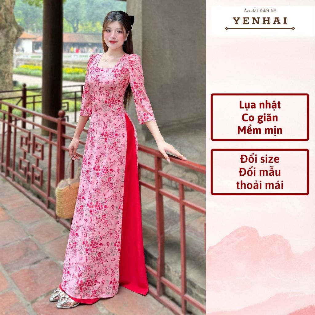 Áo dài thiết kế hoa nhí đỏ chất lụa nhật co giãn cổ vuông vai bồng trẻ trung - D1927