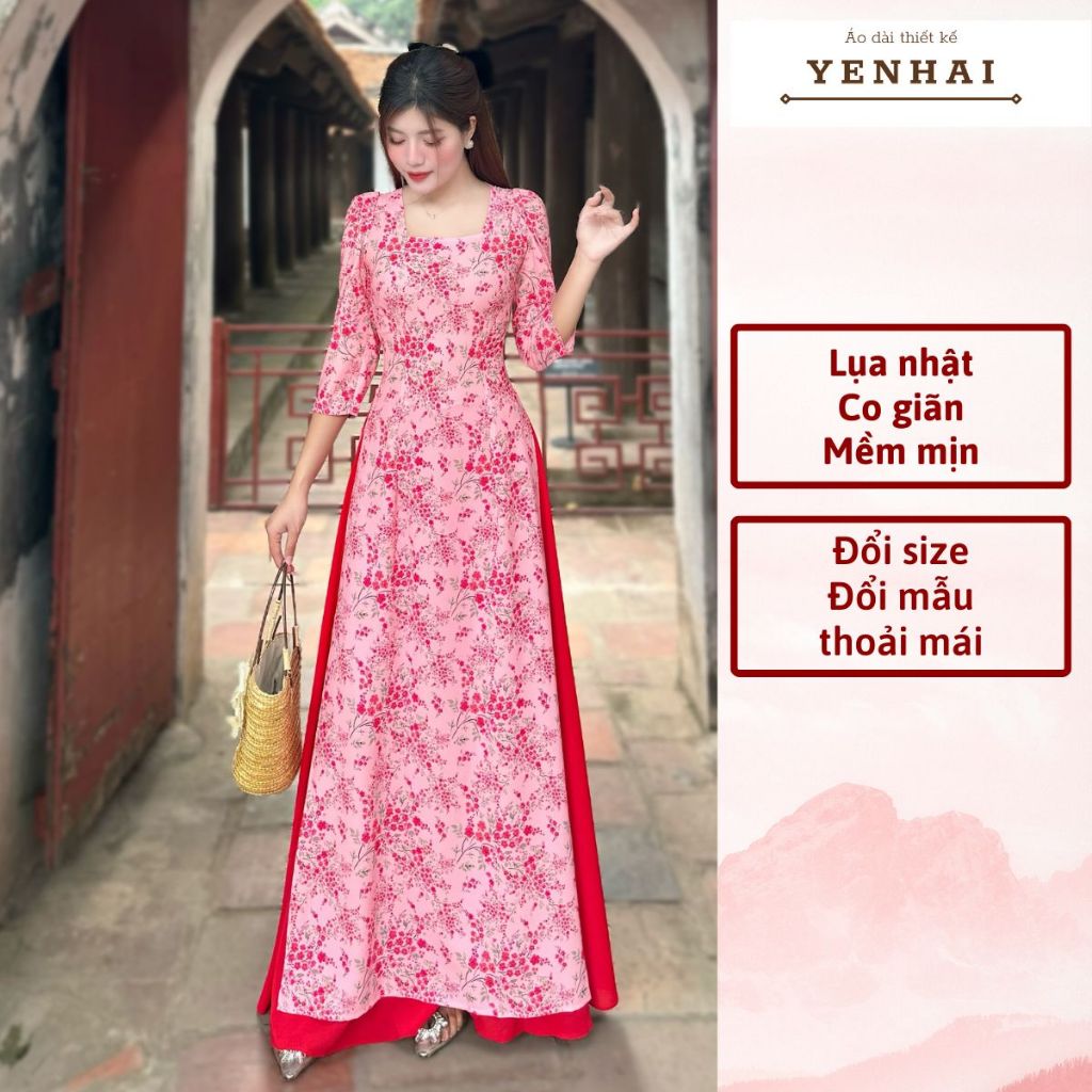 Áo dài thiết kế hoa nhí đỏ chất lụa nhật co giãn cổ vuông vai bồng trẻ trung - D1927