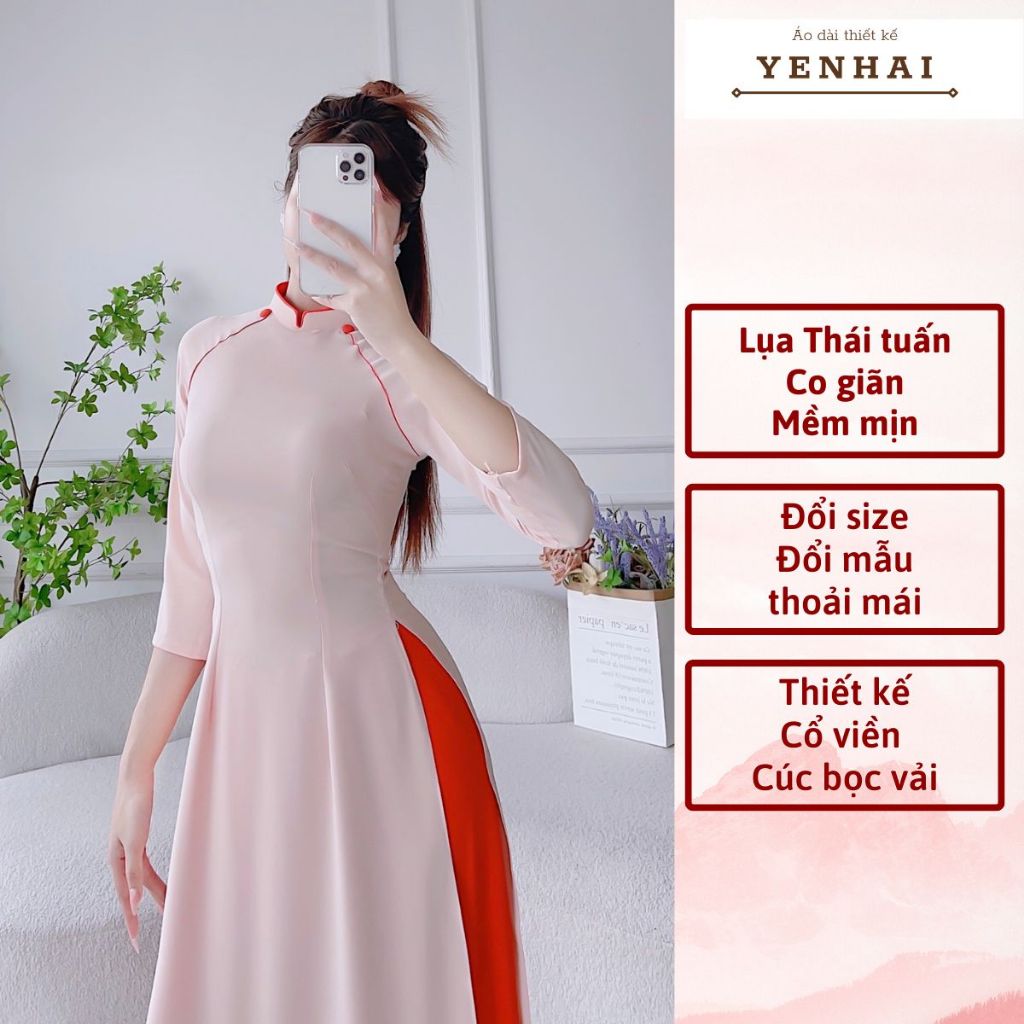Áo dài thiết kế bọc viền kèm cúc bọc vải lụa thái tuấn cao cấp co giãn mềm mịn -HT1346