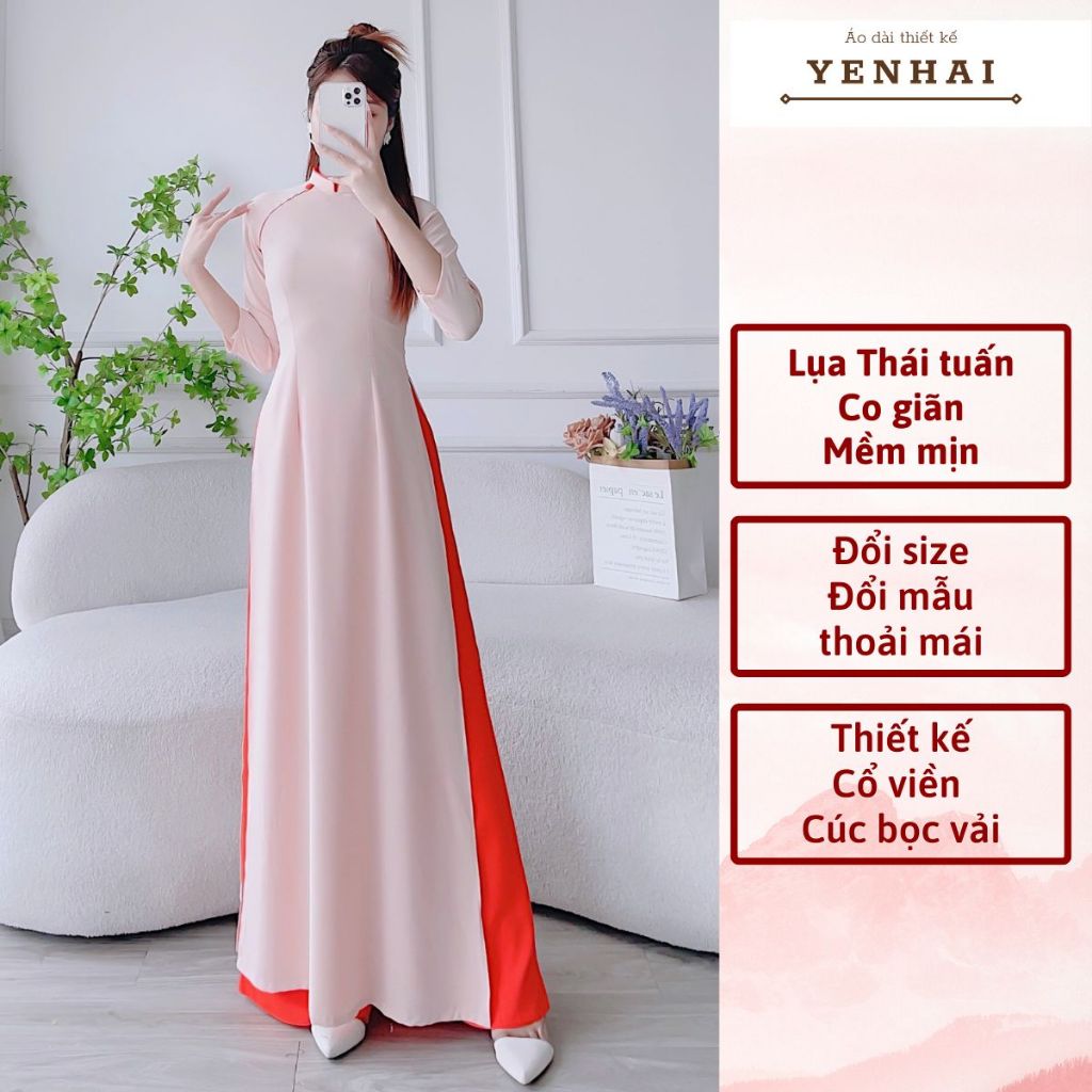 Áo dài thiết kế bọc viền kèm cúc bọc vải lụa thái tuấn cao cấp co giãn mềm mịn -HT1346