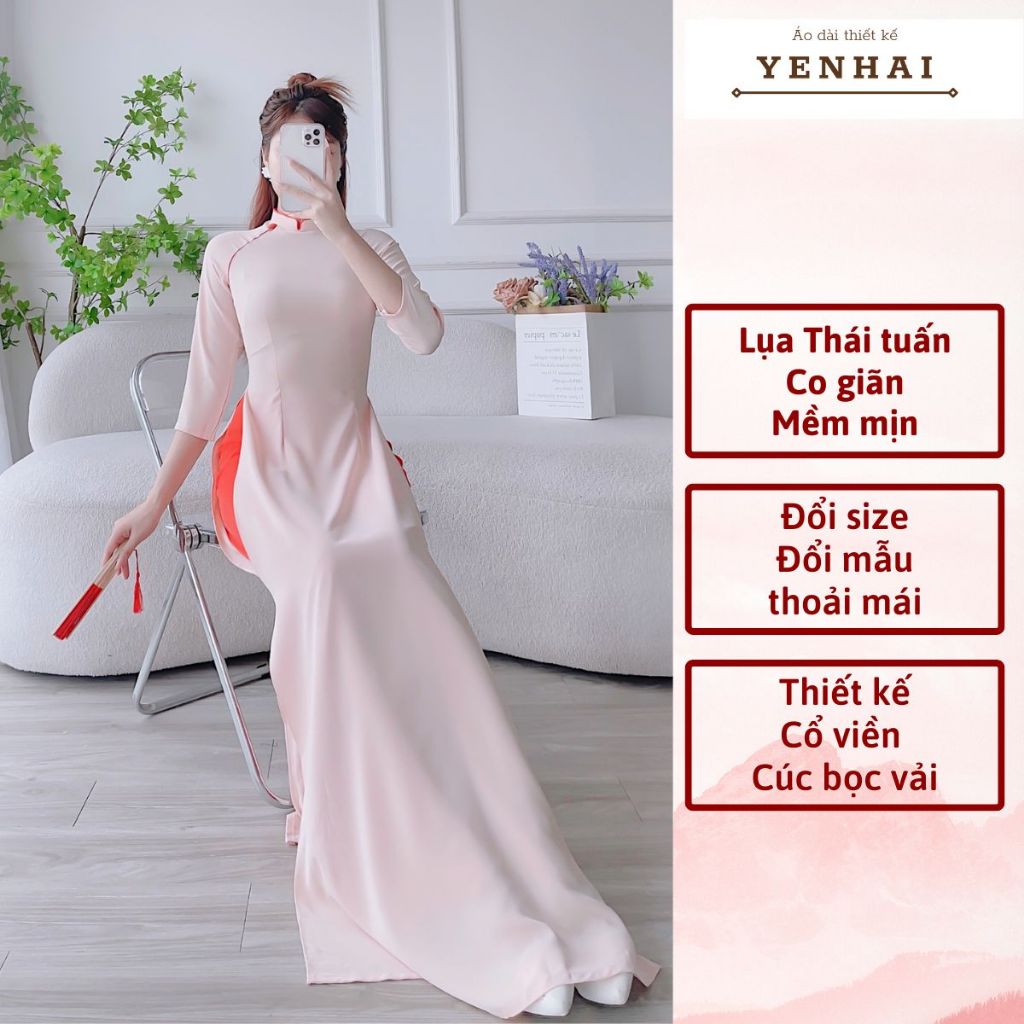 Áo dài thiết kế bọc viền kèm cúc bọc vải lụa thái tuấn cao cấp co giãn mềm mịn -HT1346