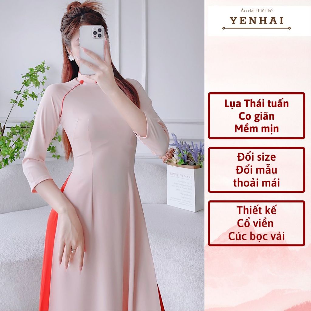 Áo dài thiết kế bọc viền kèm cúc bọc vải lụa thái tuấn cao cấp co giãn mềm mịn -HT1346