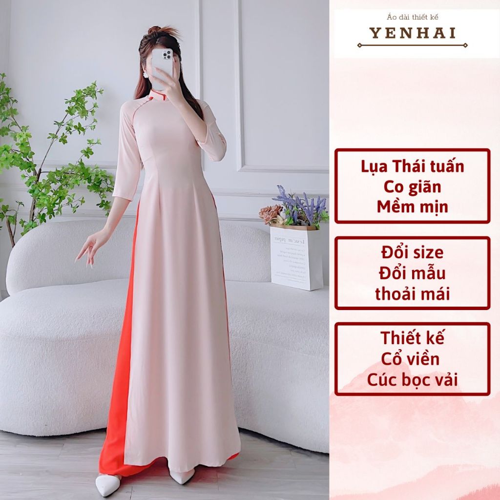 Áo dài thiết kế bọc viền kèm cúc bọc vải lụa thái tuấn cao cấp co giãn mềm mịn -HT1346