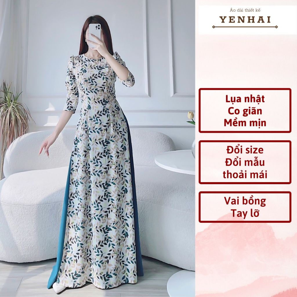 Áo dài truyền thống thiết kế in lá xanh vai bồng chất lụa nhật co giãn - D1699