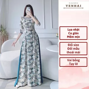 Áo dài truyền thống thiết kế in lá xanh vai bồng chất lụa nhật co giãn - D1699
