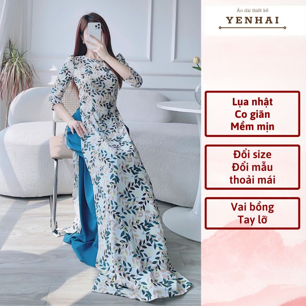 Áo dài truyền thống thiết kế in lá xanh vai bồng chất lụa nhật co giãn - D1699