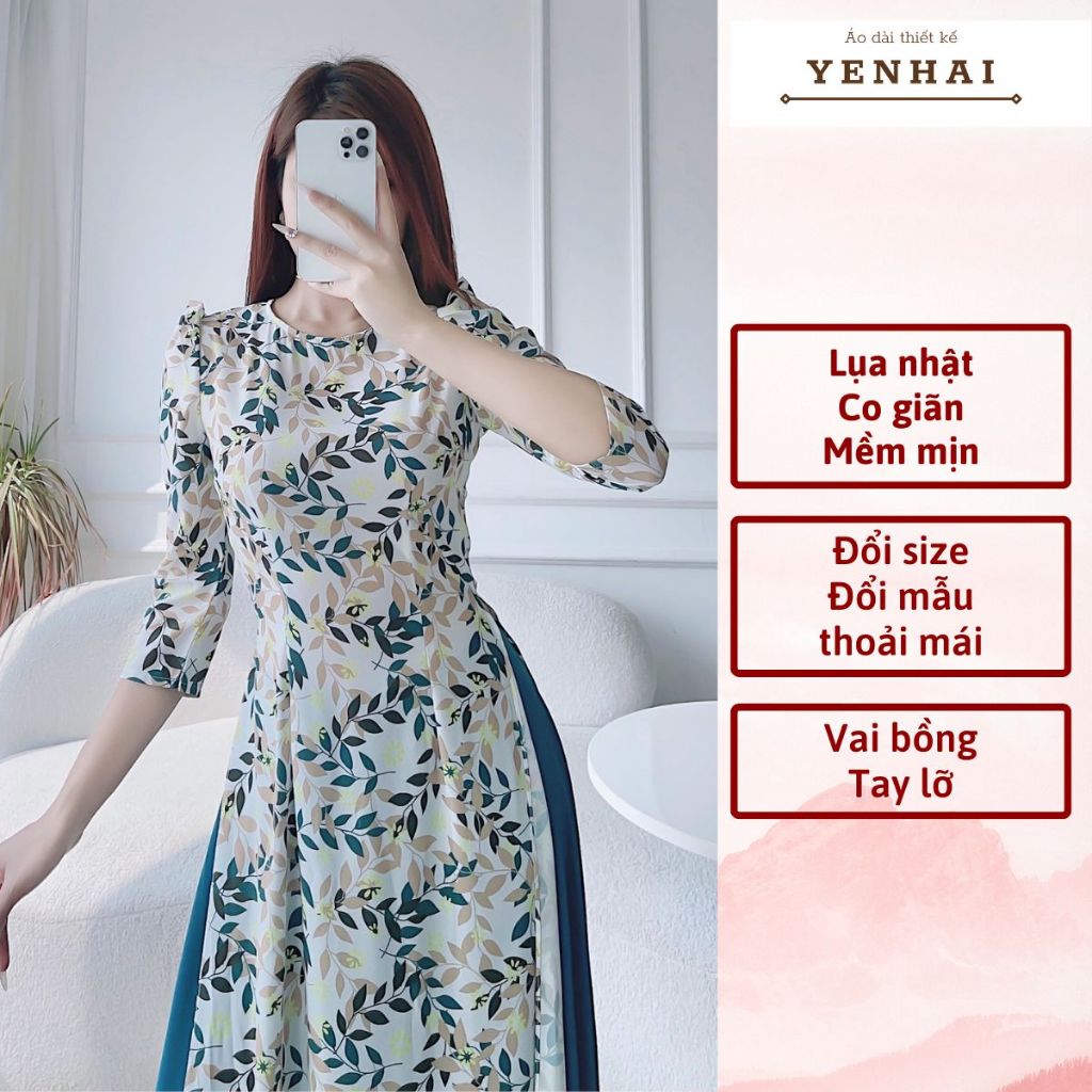 Áo dài truyền thống thiết kế in lá xanh vai bồng chất lụa nhật co giãn - D1699