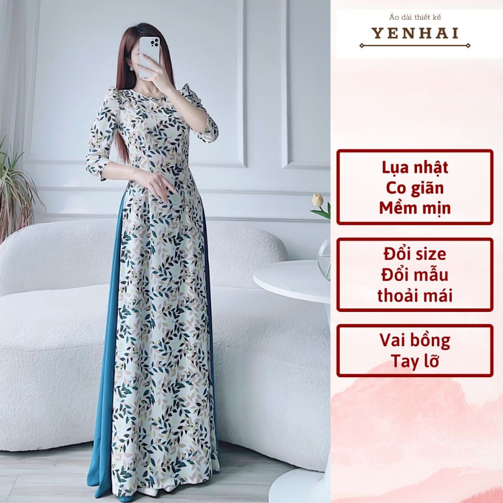 Áo dài truyền thống thiết kế in lá xanh vai bồng chất lụa nhật co giãn - D1699