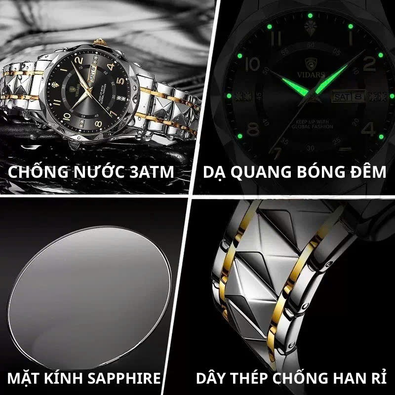 Đồng Hồ Nam VIDARS Dây Thép Mặt Tròn Số Cách Điệu Vòng Xoay Thời Gian Có Bộ Lich Thứ Ngày Chống Nước 3ATM
