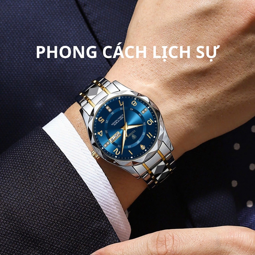 Đồng Hồ Nam VIDARS Dây Thép Mặt Tròn Số Cách Điệu Vòng Xoay Thời Gian Có Bộ Lich Thứ Ngày Chống Nước 3ATM