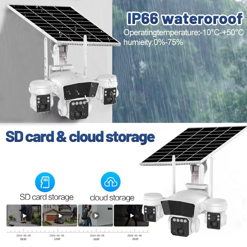 (Lỗi 1 đổi 1)  NEW 2026 Camera năng lượng mặt trời sim 4G giám sát ba màn hình dùng sim 4G, chống nước ip67,3 mắt xoay