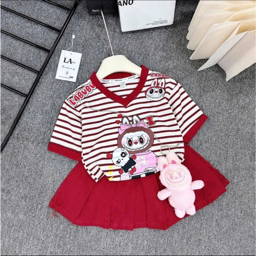 SÉT VÁY XẾP LY IN HÌNH LABUBU HỌA TIẾT KẺ CHO BÉ GÁI TỪ 9-35KG CHẤT LIỆU TIXI MỀM MỊN THOÁNG MÁT ( CÓ LOT TRONG )