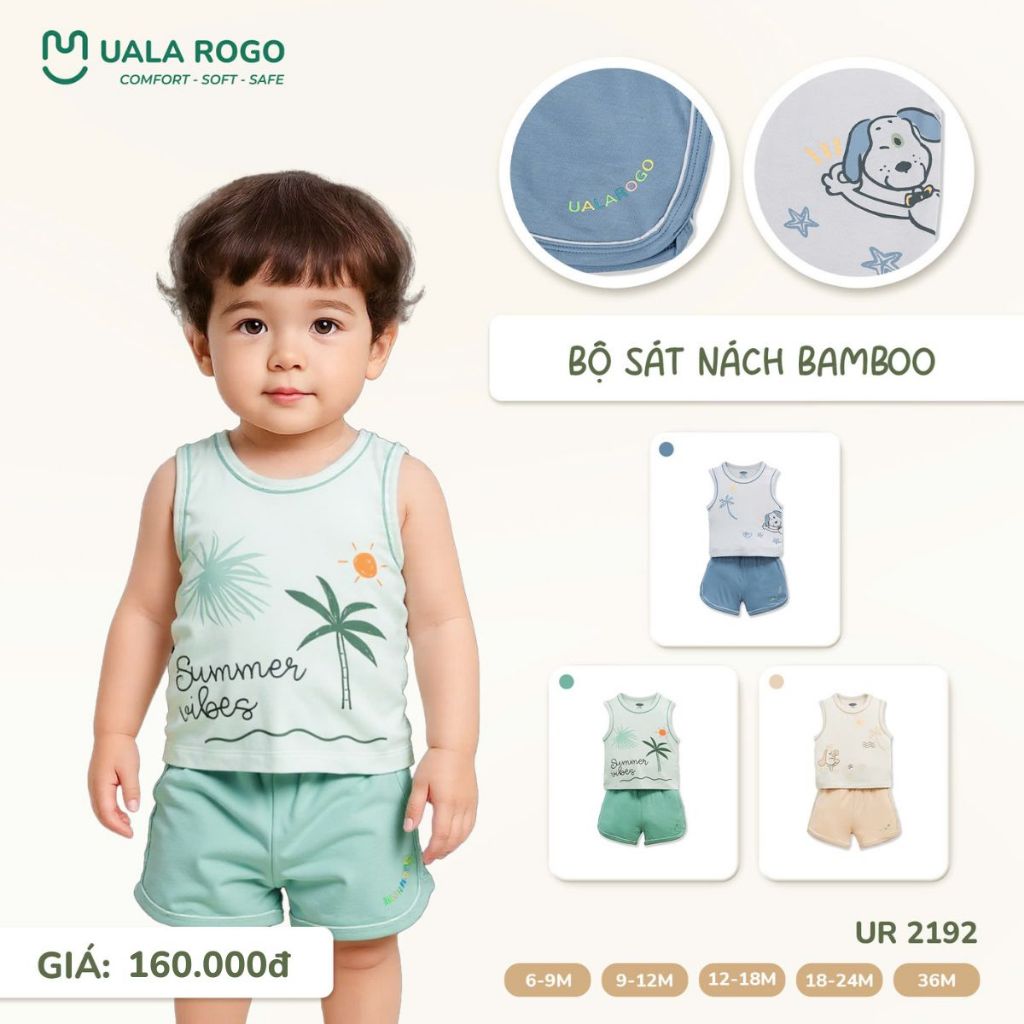 Đồ bộ bé trai bé gái Ualarogo ba lỗ sát nách 6 tháng - 3 tuổi vải Sợi tre Bamboo mềm mịn 2192
