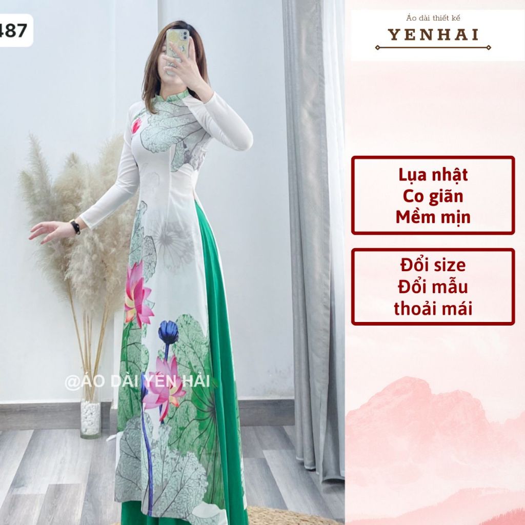 Áo dài truyền thống in hoa sen chất lụa nhật co giãn mềm mịn - D1487