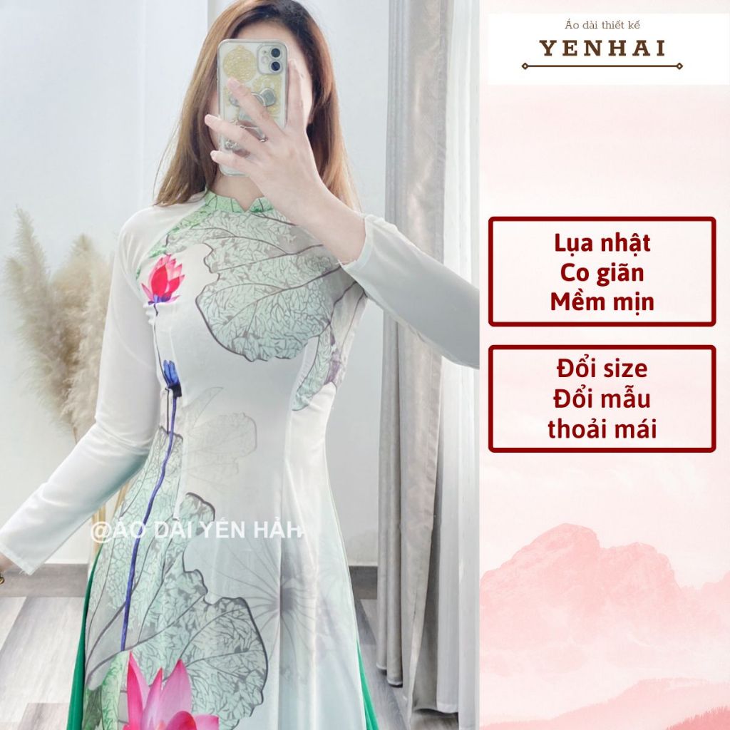 Áo dài truyền thống in hoa sen chất lụa nhật co giãn mềm mịn - D1487