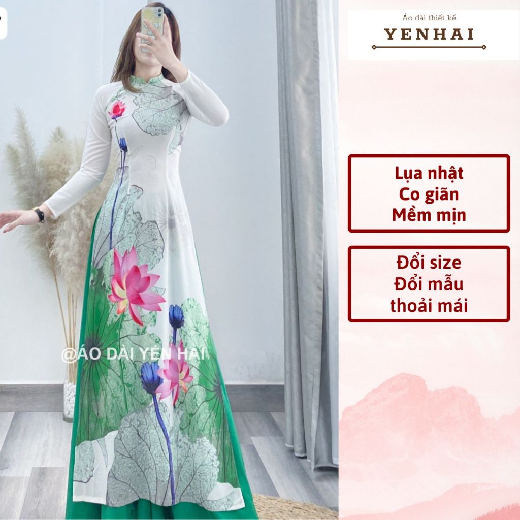 Áo dài truyền thống in hoa sen chất lụa nhật co giãn mềm mịn - D1487