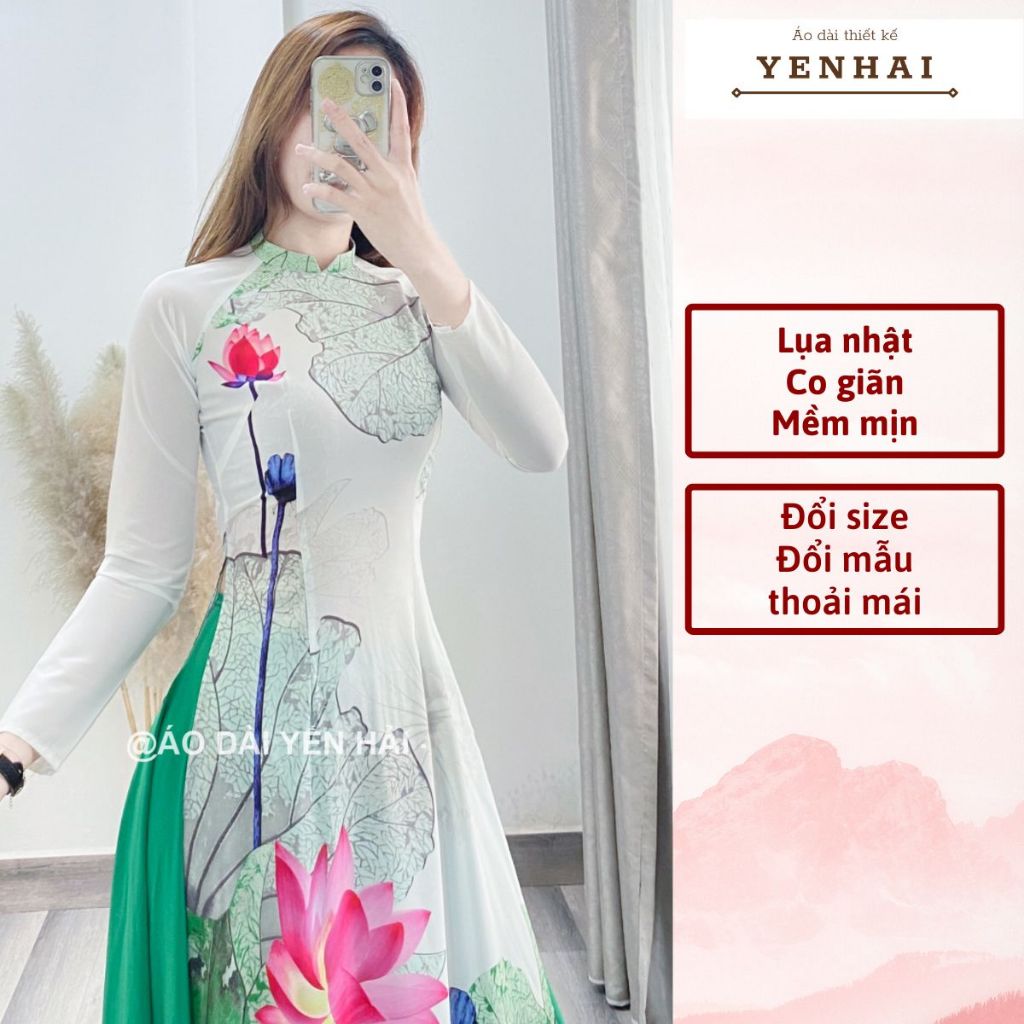 Áo dài truyền thống in hoa sen chất lụa nhật co giãn mềm mịn - D1487