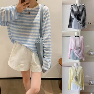 Áo dài tay cổ tròn kẻ ngang chất sợi dệt cơ bản màu xanh vàng hồng đen mùa hè thu ATDT028 - Tiktik