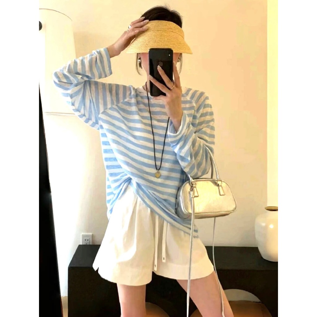 (SẴN)Áo dài tay cổ tròn kẻ ngang chất sợi dệt cơ bản màu xanh vàng hồng đen mùa hè thu ATDT028 - Tiktik