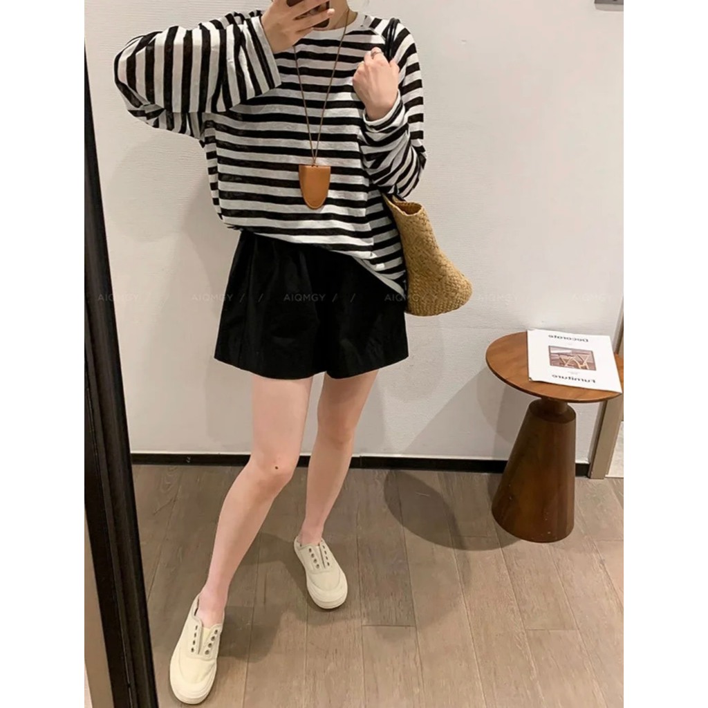 (SẴN)Áo dài tay cổ tròn kẻ ngang chất sợi dệt cơ bản màu xanh vàng hồng đen mùa hè thu ATDT028 - Tiktik