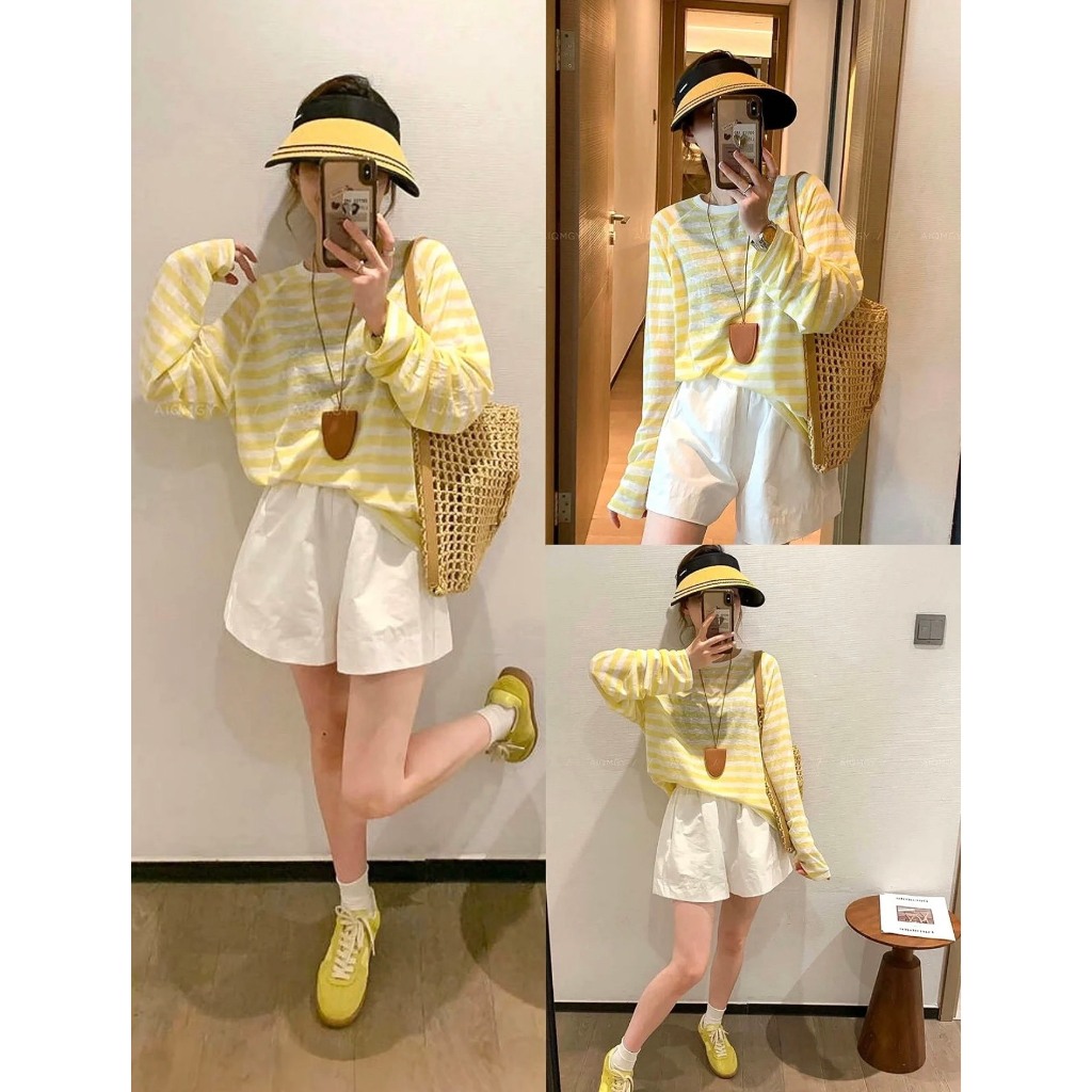 (SẴN)Áo dài tay cổ tròn kẻ ngang chất sợi dệt cơ bản màu xanh vàng hồng đen mùa hè thu ATDT028 - Tiktik