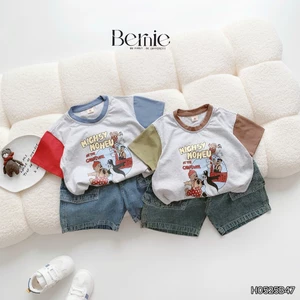 Set bộ cotton cộc tay in hình phối quần bò cá tính cho bé, set bộ thun cổ tròn bé trai áo phông quần jeans đẹp H0525B47