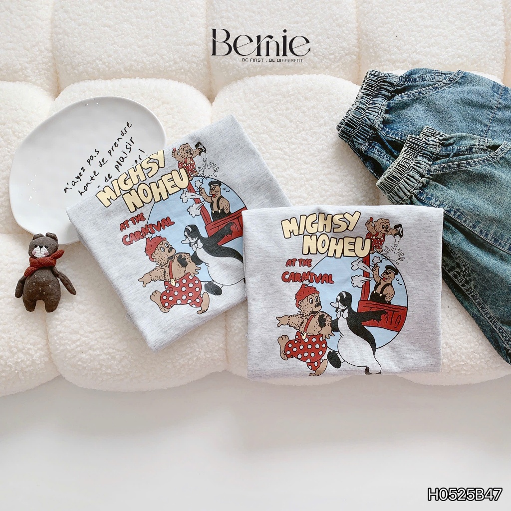 Set bộ cotton cộc tay in hình phối quần bò cá tính cho bé, set bộ thun cổ tròn bé trai áo phông quần jeans đẹp H0525B47