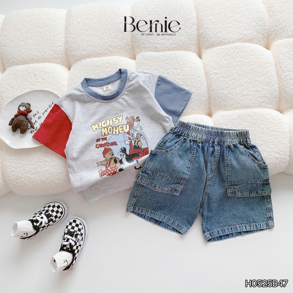 Set bộ cotton cộc tay in hình phối quần bò cá tính cho bé, set bộ thun cổ tròn bé trai áo phông quần jeans đẹp H0525B47