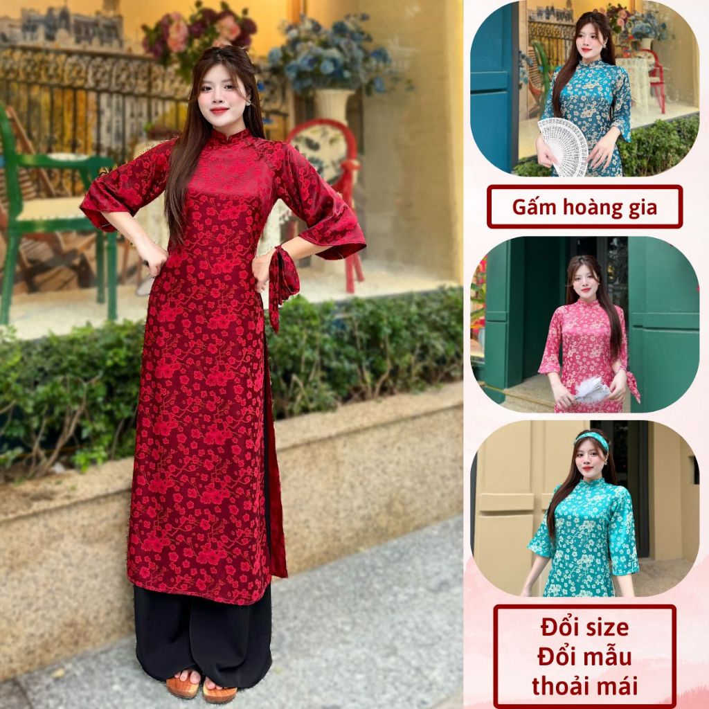 (Tặng nơ) áo dài cách tân chất gấm hoàng gia mặc lễ tết đẹp dáng xuông tay loe
